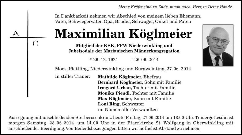 Traueranzeige Maximilian Köglmeier