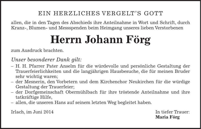 Traueranzeige Johann Förg