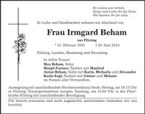 Traueranzeige Irmgard Beham