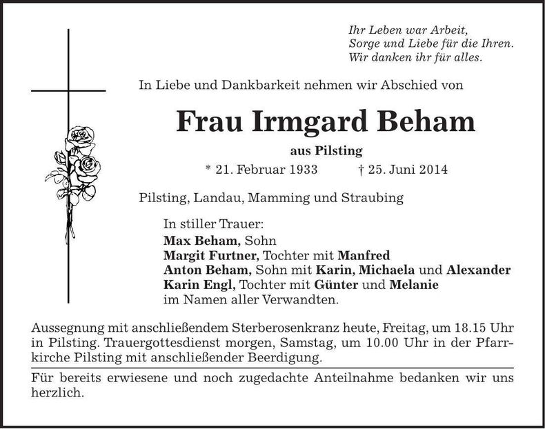 Traueranzeige Irmgard Beham