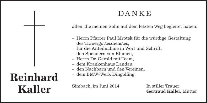 Traueranzeige Reinhard Kaller
