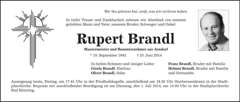 Traueranzeige Rupert Brandl