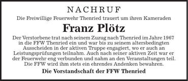 Traueranzeige Franz Plötz