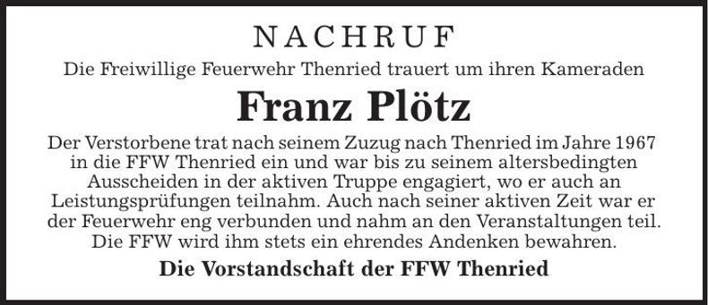 Traueranzeige Franz Plötz