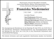 Traueranzeige Franziska Niedermeier