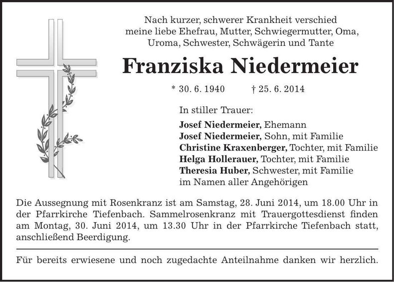 Traueranzeige Franziska Niedermeier