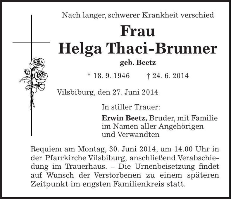 Traueranzeige Helga Thaci-Brunner