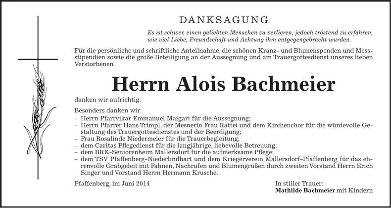 Traueranzeige Alois Bachmeier