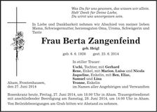 Traueranzeige Berta Zangenfeind