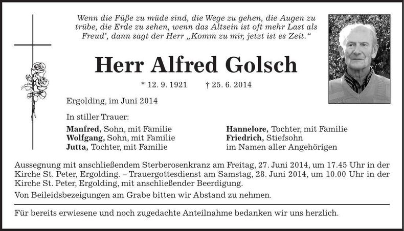 Traueranzeige Alfred Golsch