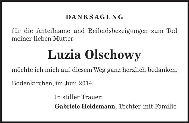 Traueranzeige Luzia Olschowy