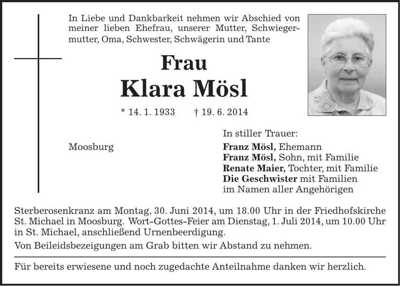 Traueranzeige Klara Mösl
