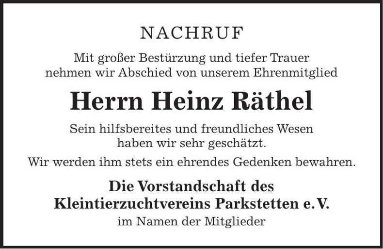 Traueranzeige Heinz Räthel