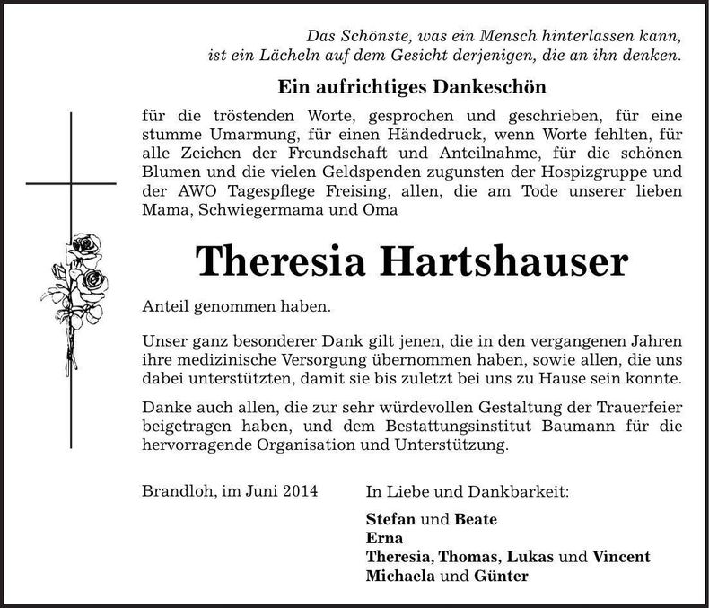 Traueranzeige Theresia Hartshasuer