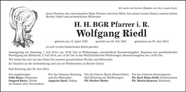 Traueranzeige Wolfgang Riedl