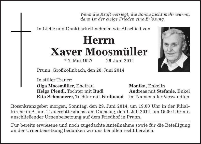 Traueranzeige Xaver Moosmüller