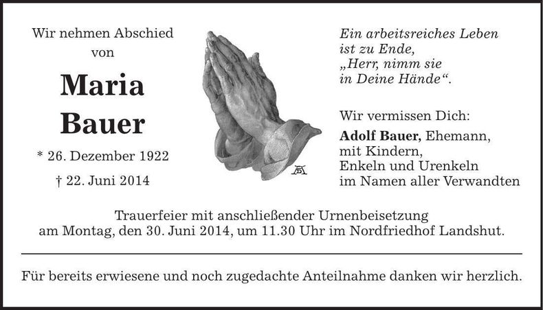 Traueranzeige Maria Bauer