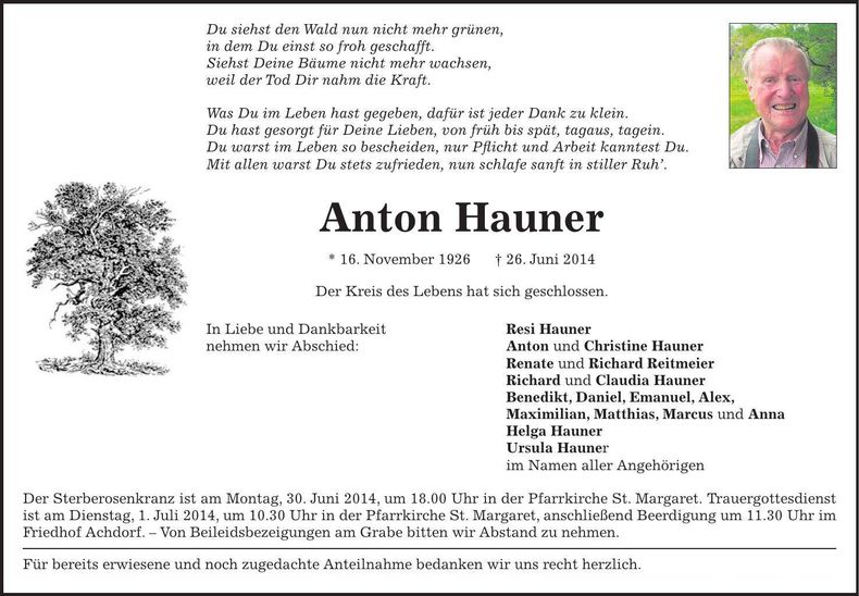 Traueranzeige Anton Hauner