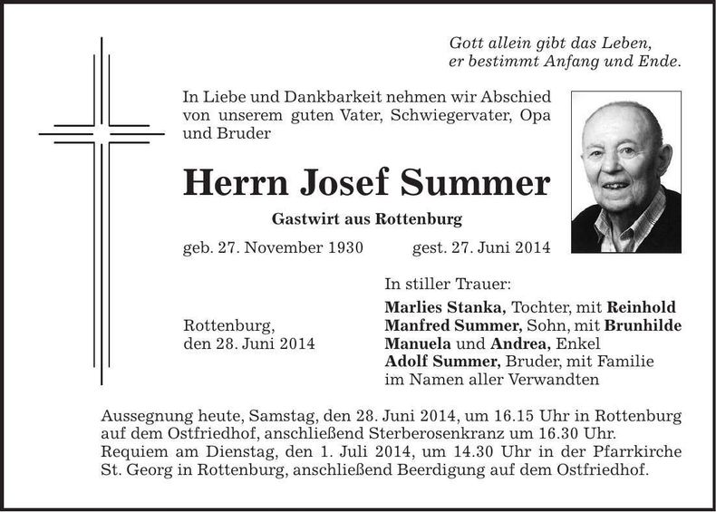 Traueranzeige Josef Summer