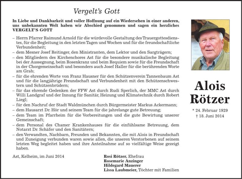 Traueranzeige Alois Rötzer