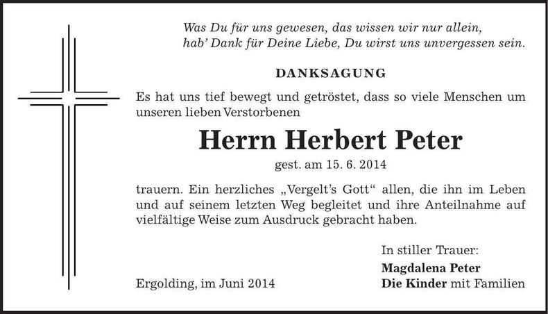 Traueranzeige Herbert Peter