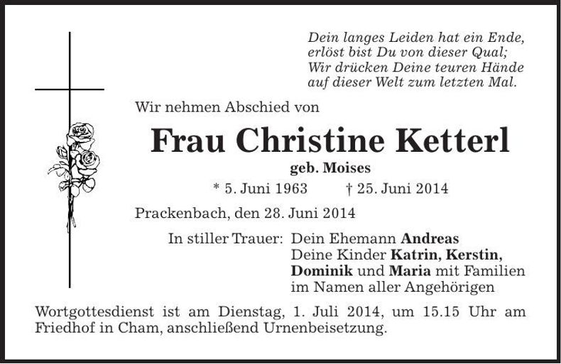 Traueranzeige Christine Ketterl