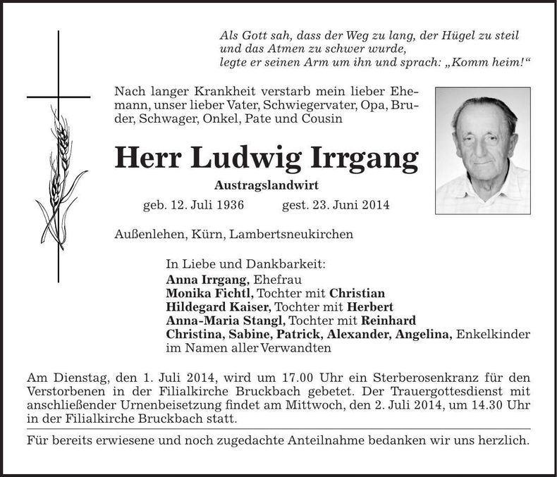 Traueranzeige Ludwig Irrgang