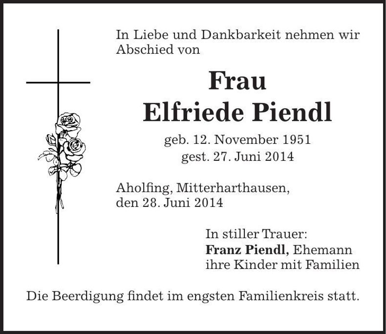 Traueranzeige Elfriede Piendl