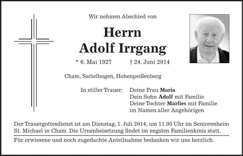Traueranzeige Adolf Irrgang