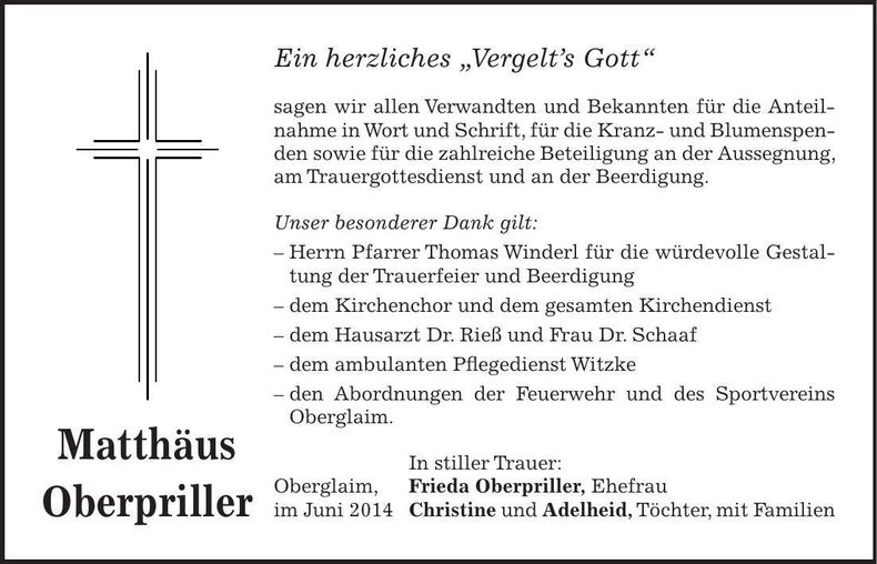 Traueranzeige Matthias Oberpriller