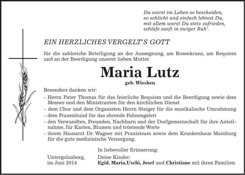 Traueranzeige Maria Lutz