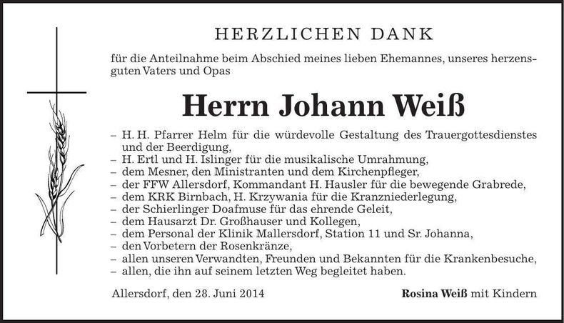 Traueranzeige Johann Weiß