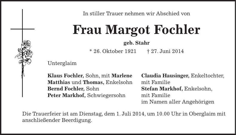 Traueranzeige Margot Fochler