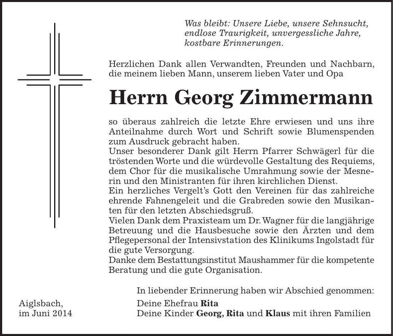 Traueranzeige Georg Zimmermann