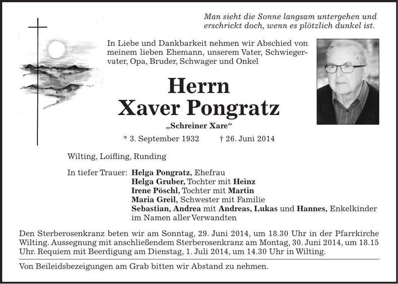 Traueranzeige Xaver Pongratz