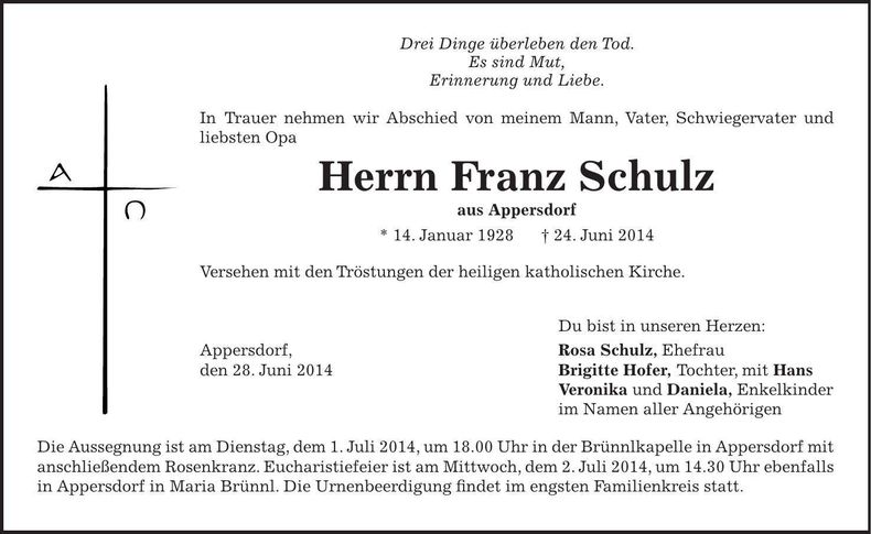 Traueranzeige Franz Schulz