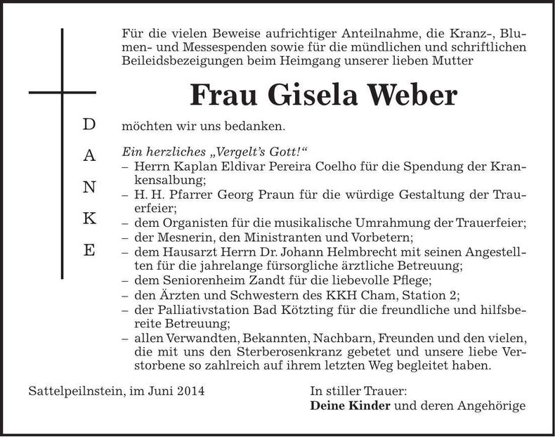 Traueranzeige Gisela Weber