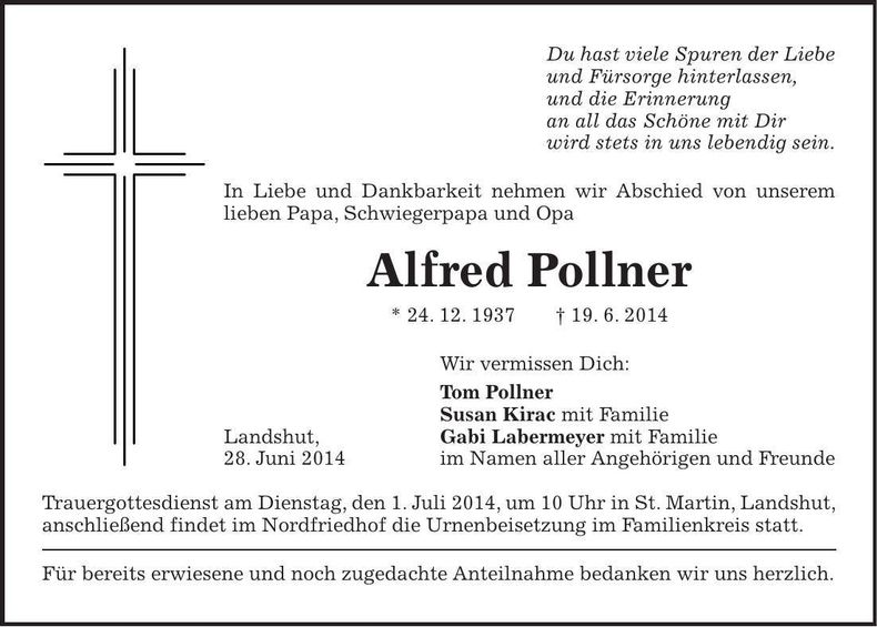 Traueranzeige Alfred Pollner