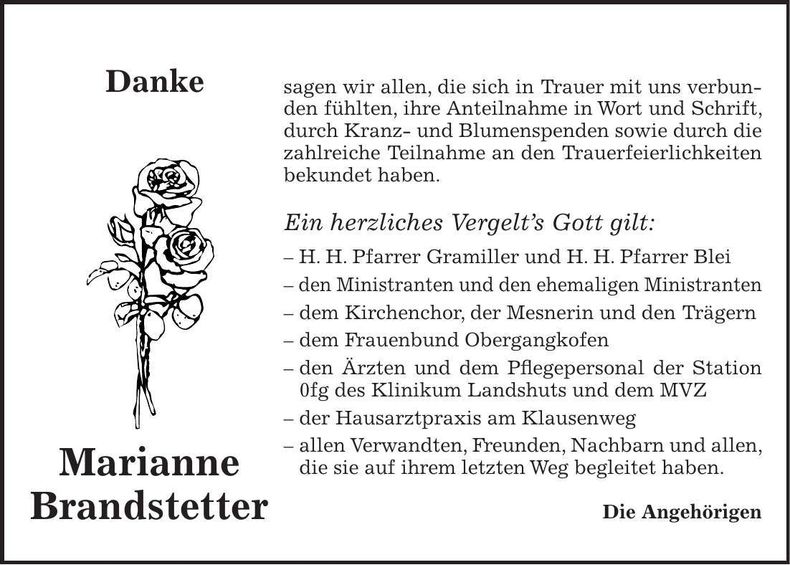 Traueranzeige Marianne Brandstetter