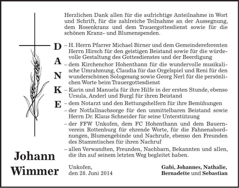 Traueranzeige Johann Wimmer