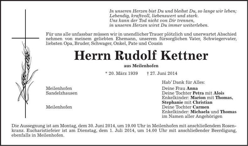 Traueranzeige Rudolf Kettner