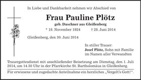 Traueranzeige Pauline Plötz