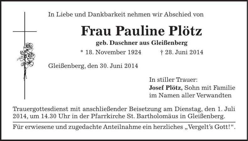 Traueranzeige Pauline Plötz