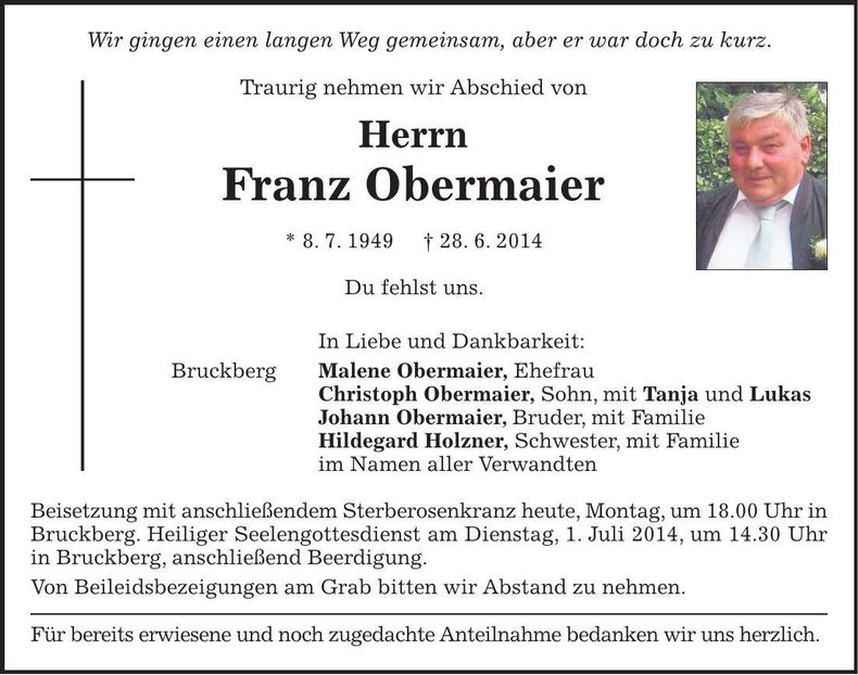 Traueranzeige Franz Obermaier
