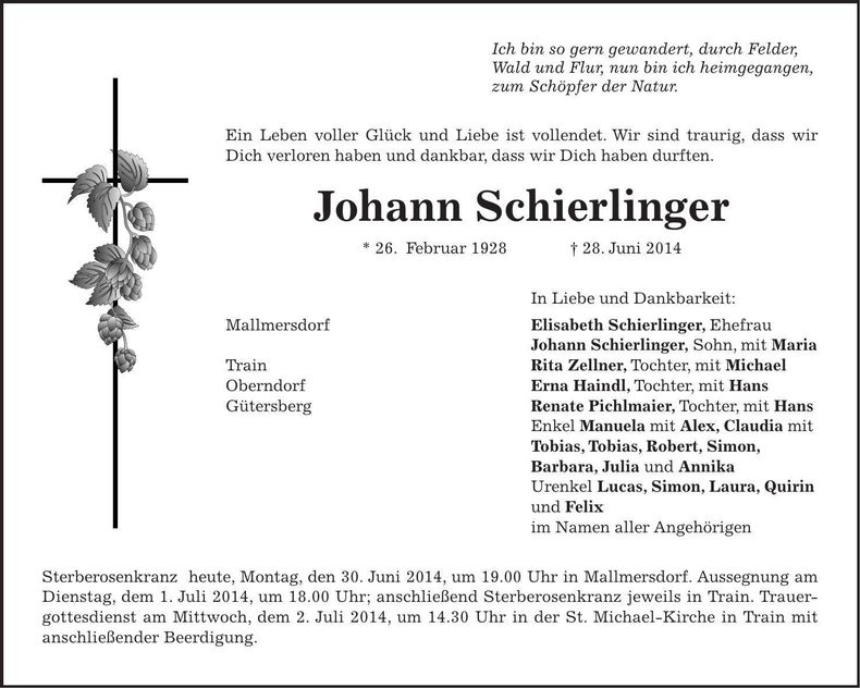 Traueranzeige Johann Schierlinger