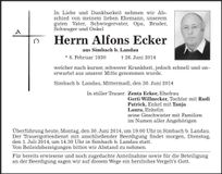 Traueranzeige Alfons Ecker