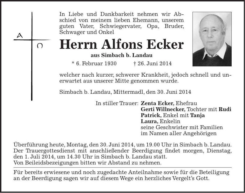 Traueranzeige Alfons Ecker