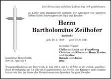 Traueranzeige Bartholomäus Zeilhofer