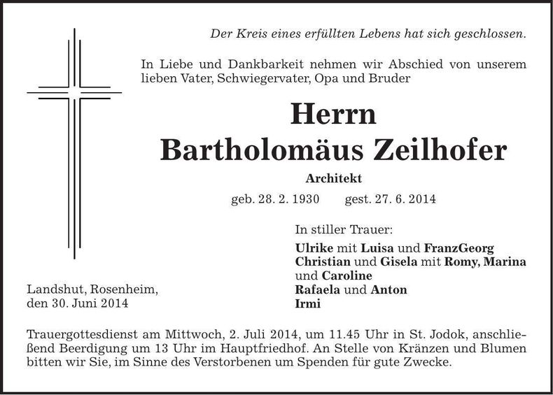 Traueranzeige Bartholomäus Zeilhofer