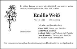Traueranzeige Emilie Weiß